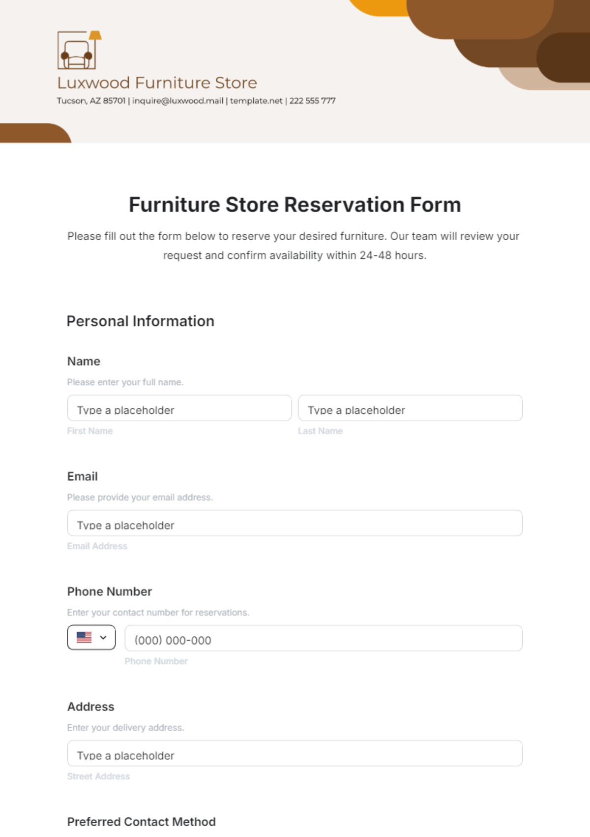 Furniture Store Reservation Form Template