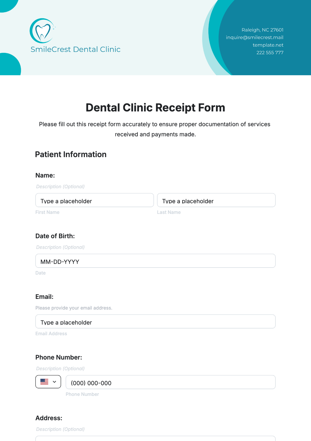 Dental Clinic Receipt Form Template - Edit Online & Download