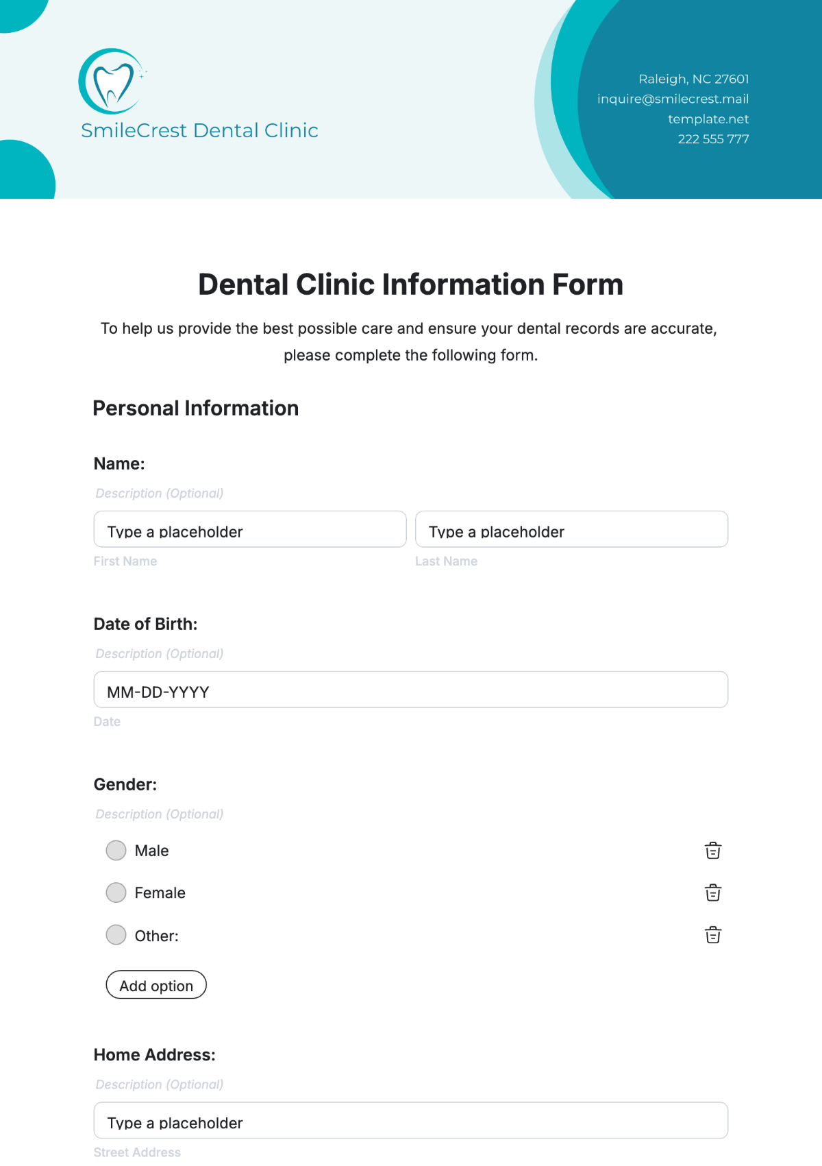 Dental Clinic Information Form Template - Edit Online & Download