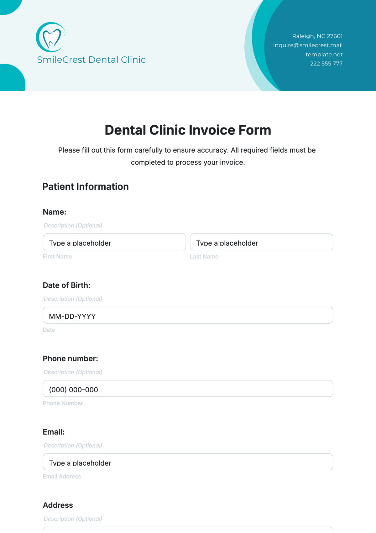 Dental Clinic Invoice Form Template - Edit Online & Download