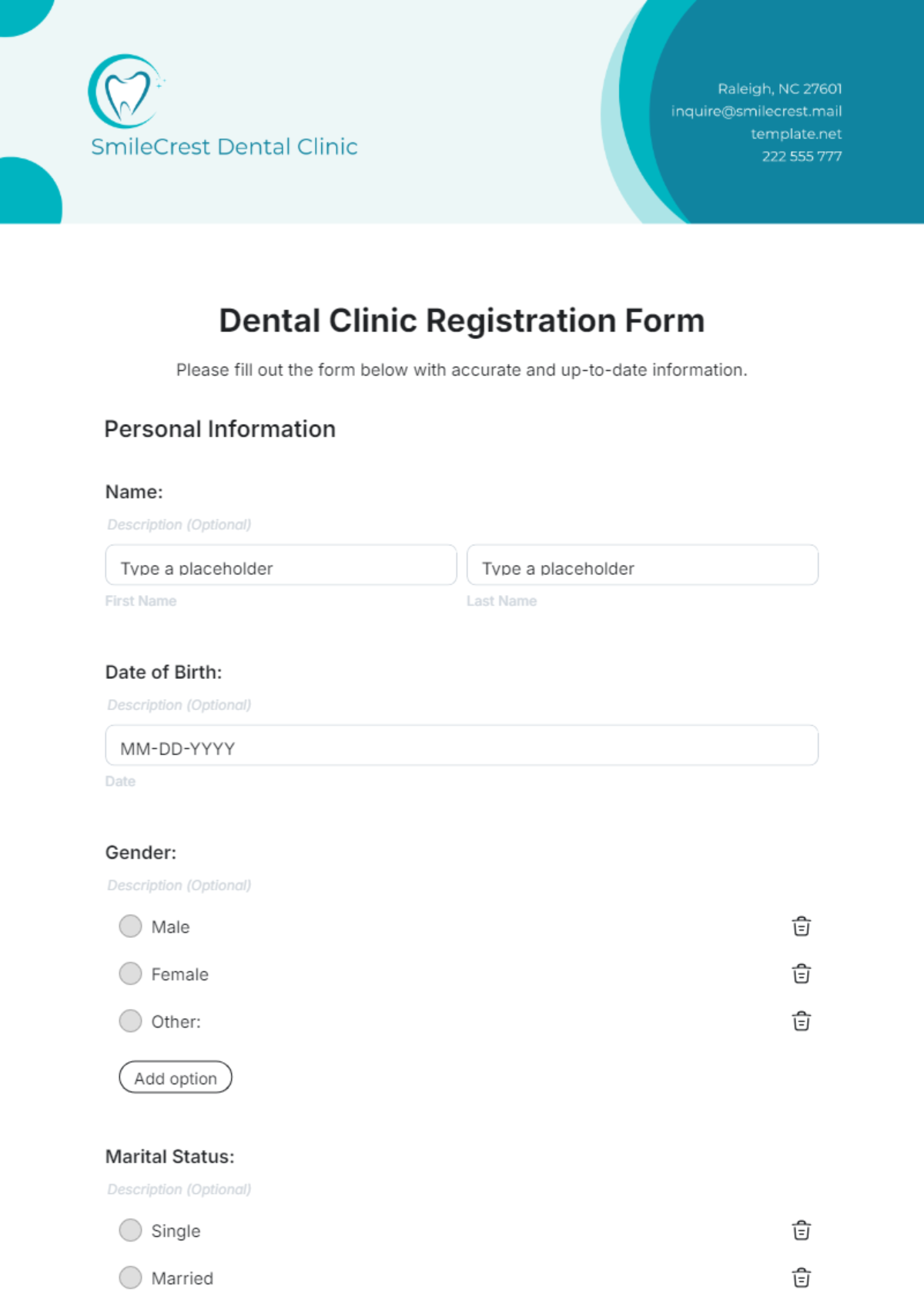 Dental Clinic Registration Form Template - Edit Online & Download