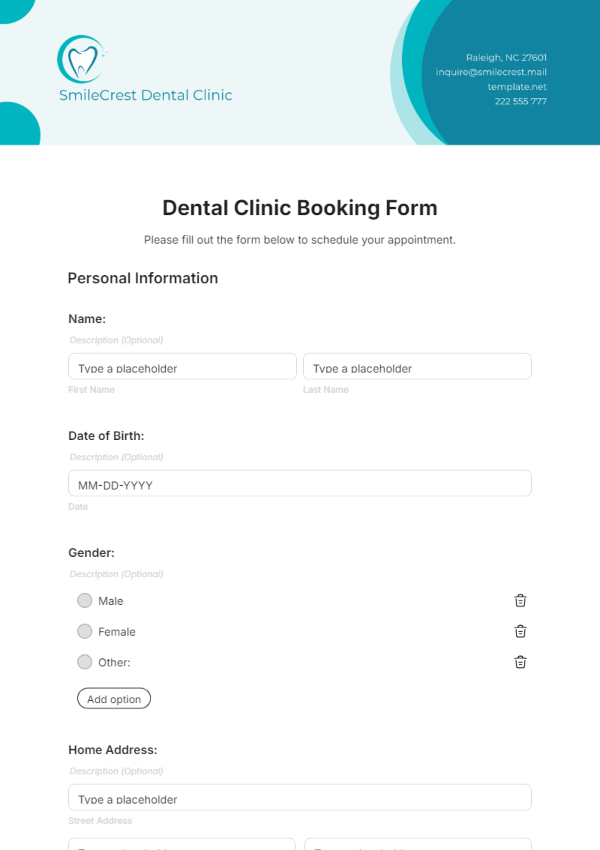 Dental Clinic Booking Form Template - Edit Online & Download