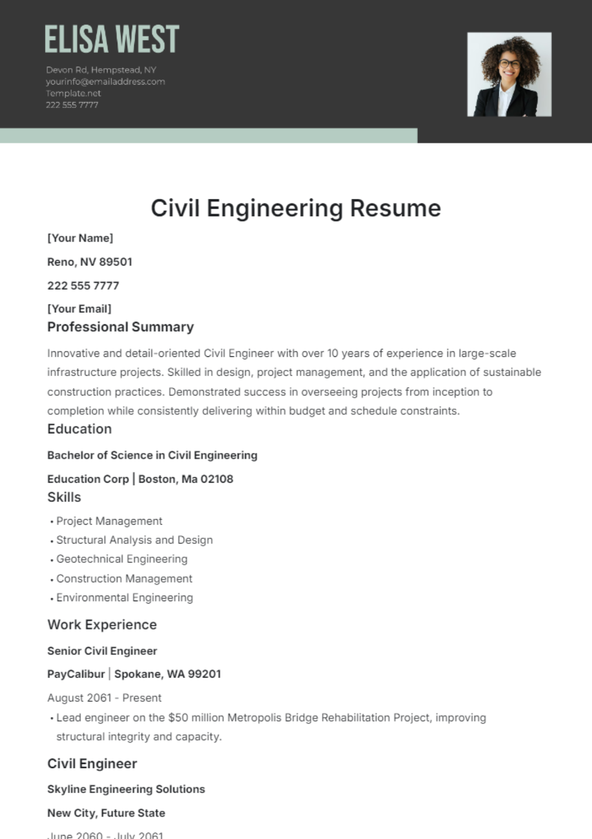 Civil Engineering Resume Template - Edit Online & Download