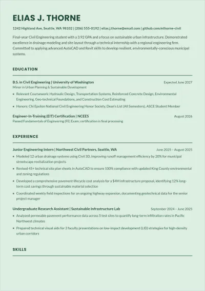 Free Sample Student Civil Engineer ATS Resume Template