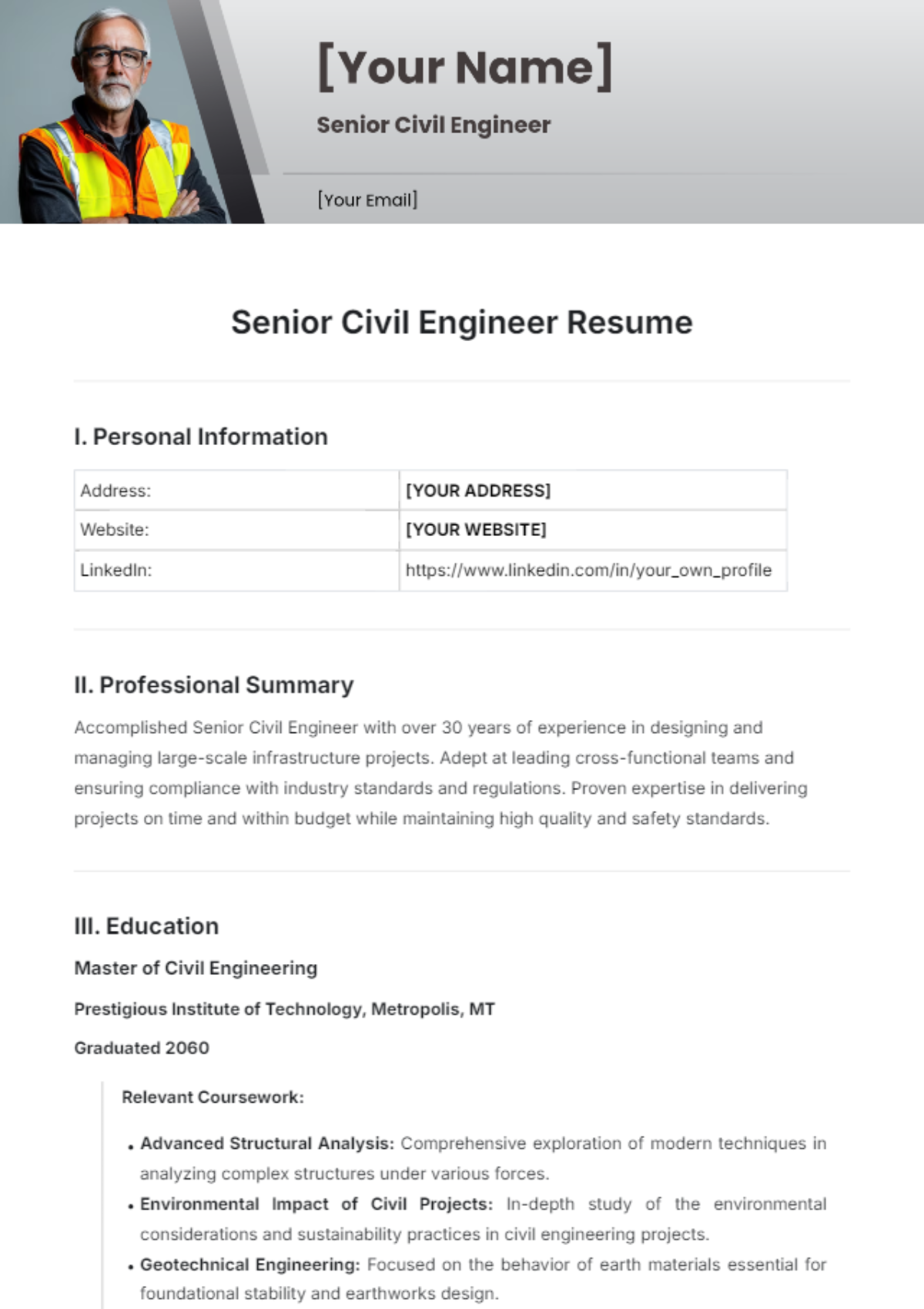 Senior Civil Engineer Resume Template - Edit Online & Download