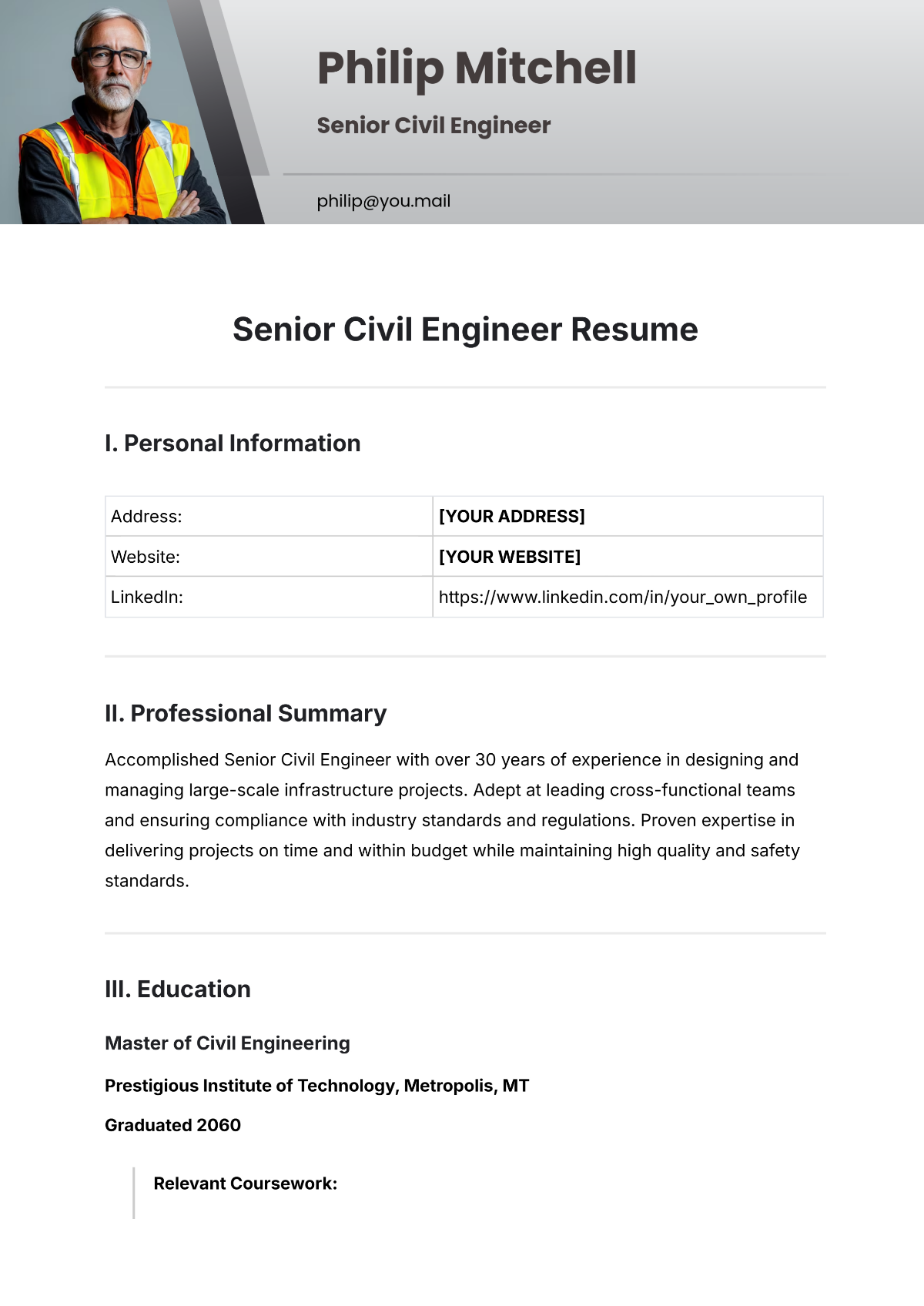 Simple Senior Civil Engineer Resume Template - Edit Online & Download