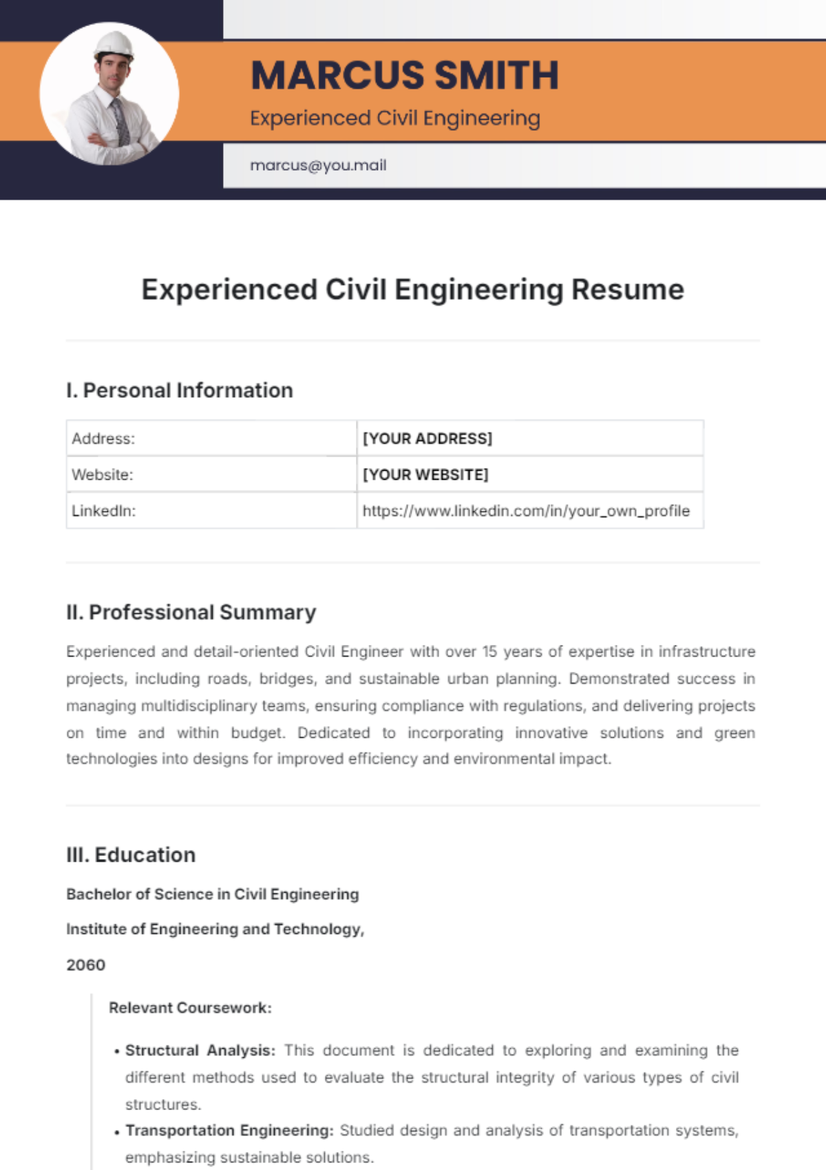 Experienced Civil Engineering Resume Template - Edit Online & Download