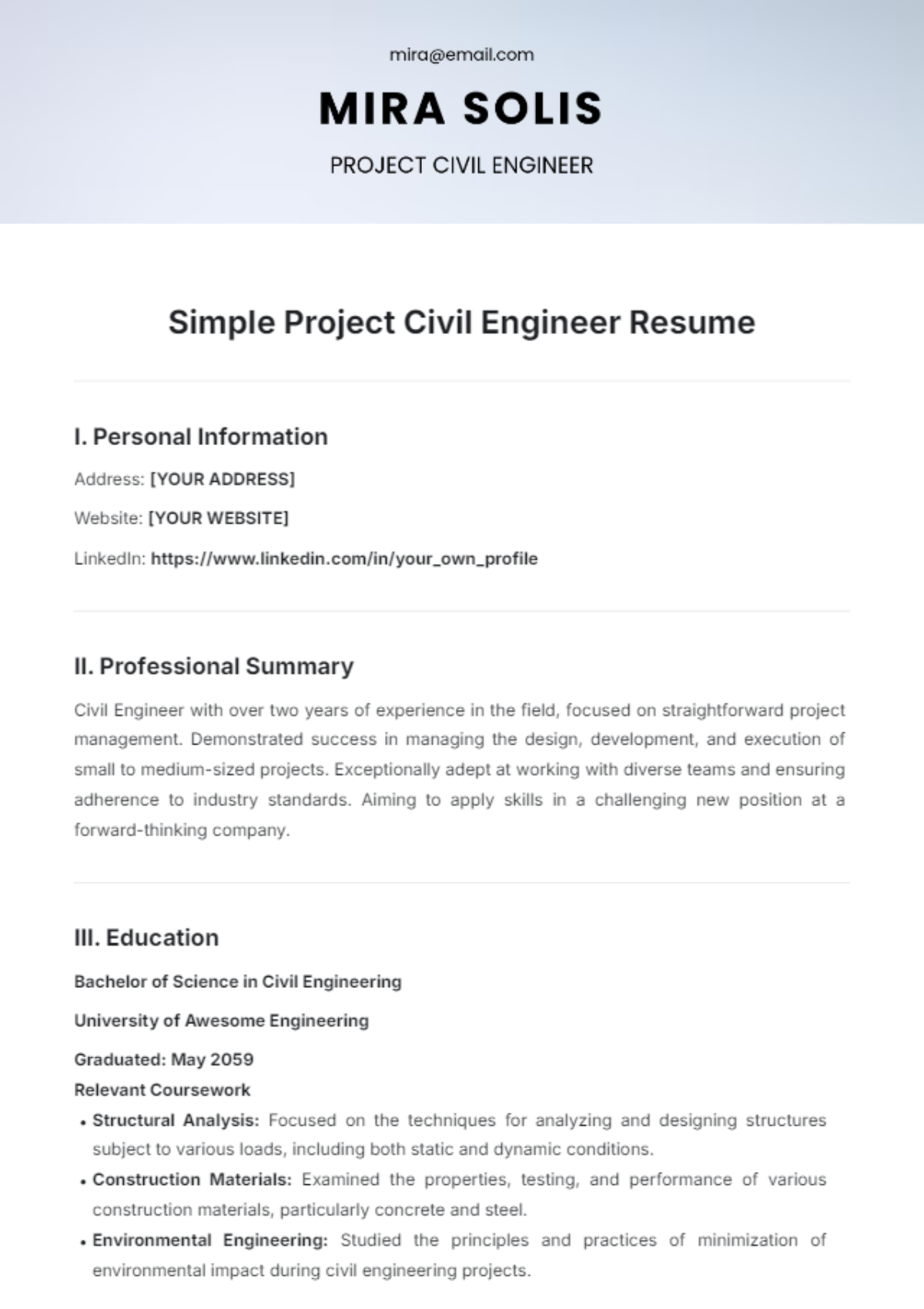 Simple Project Civil Engineer Resume Template - Edit Online & Download