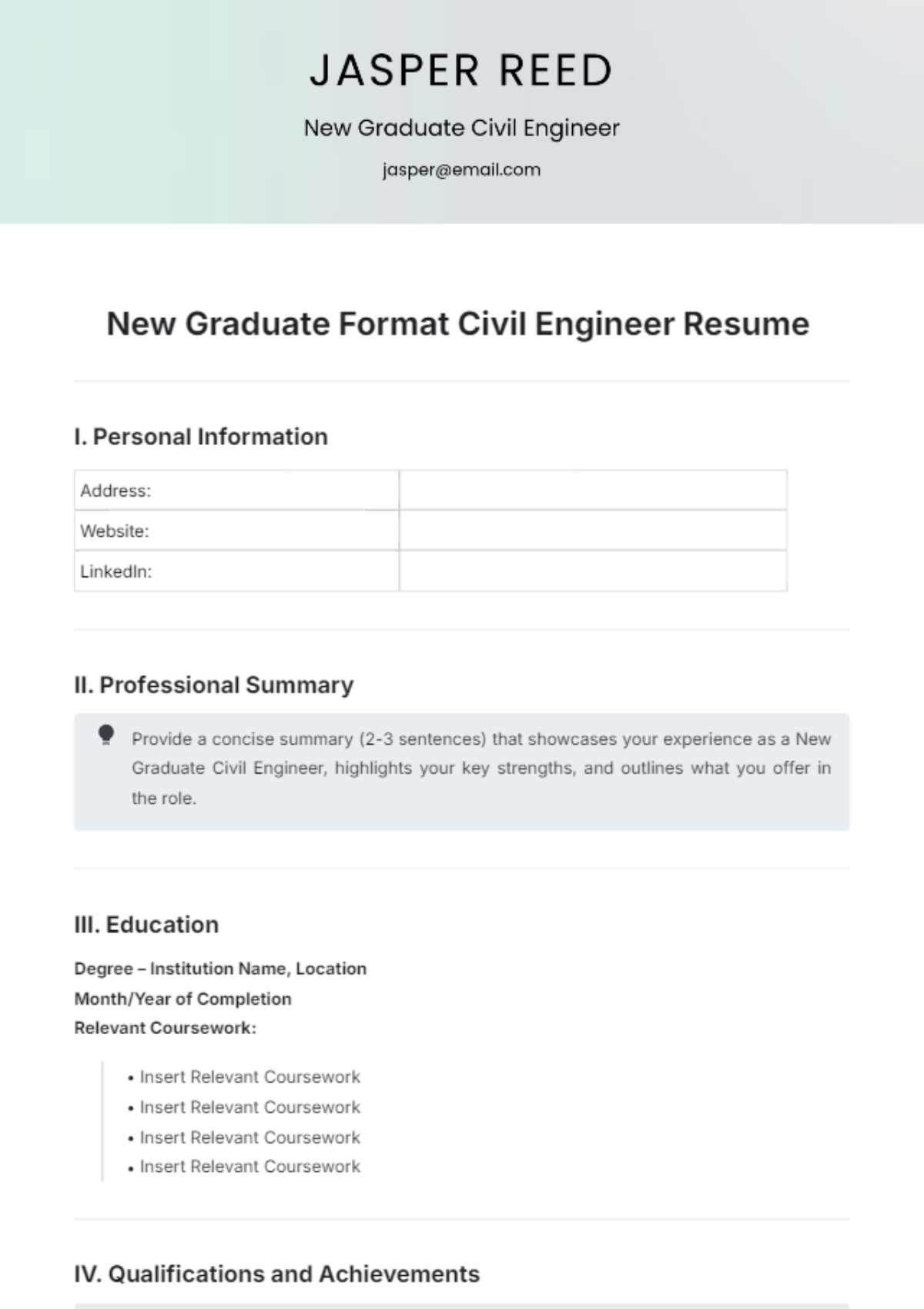 New Graduate Format Civil Engineer Resume Template - Edit Online & Download