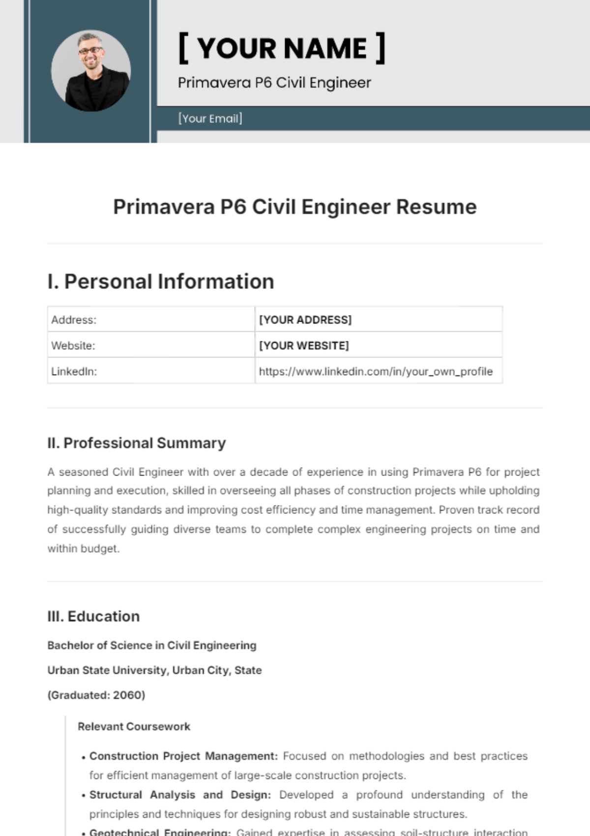 Primavera P6 Civil Engineer Resume Template - Edit Online & Download