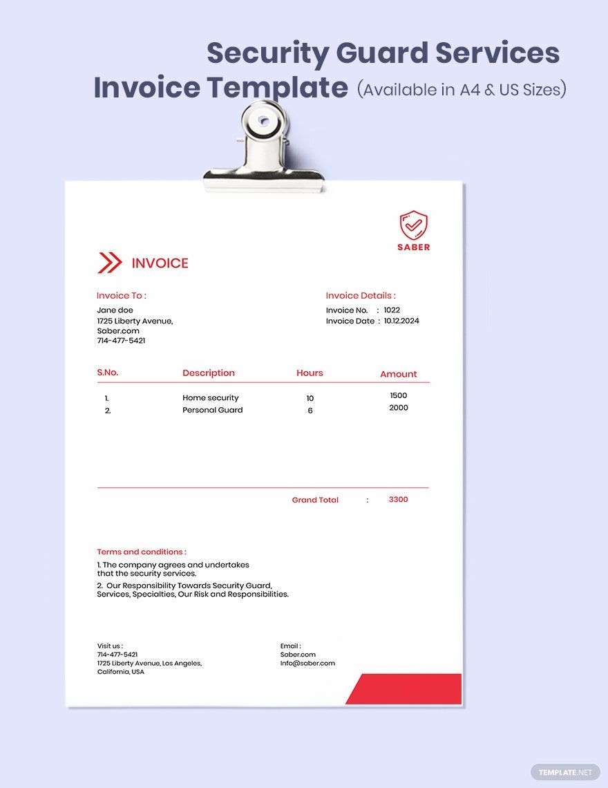 Security Guard Services Invoice Template in Google Sheets, Google Docs, Word, PSD, Pages, Apple Numbers, PDF, Excel, Illustrator, InDesign - Download | Template.net