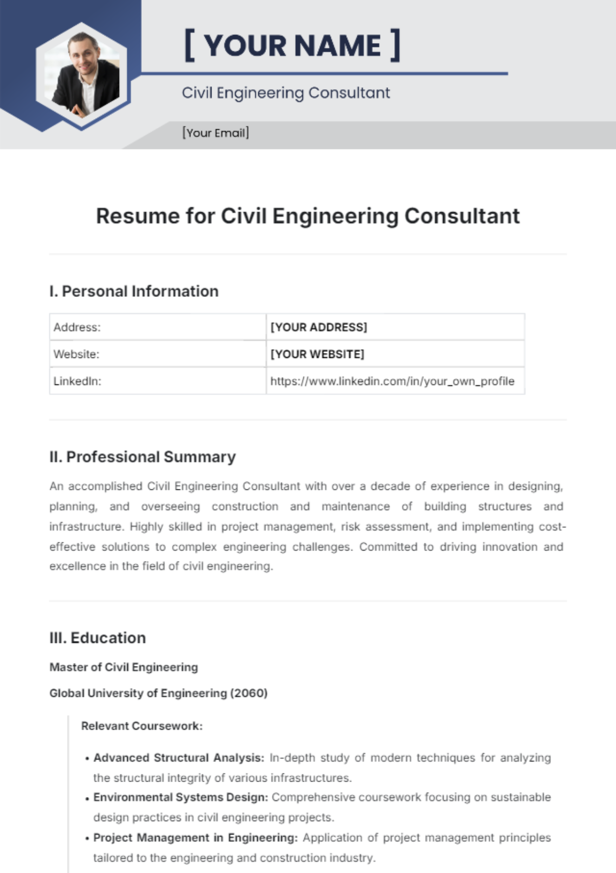 Resume for Civil Engineering Consultant Template - Edit Online & Download