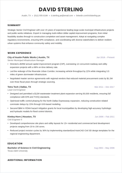 Free Civil Engineer ATS Resume Outline for Government Job Template