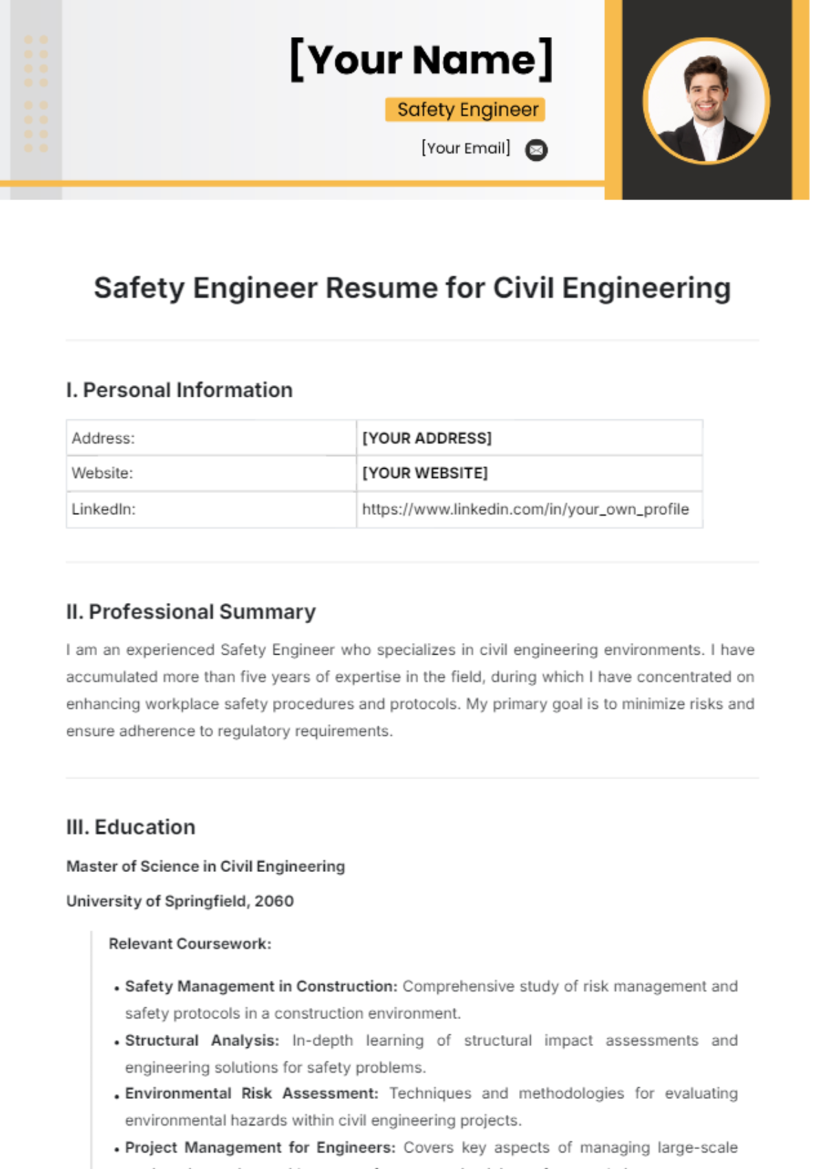 Free Safety Engineer Resume for Civil Engineering Template to Edit Online