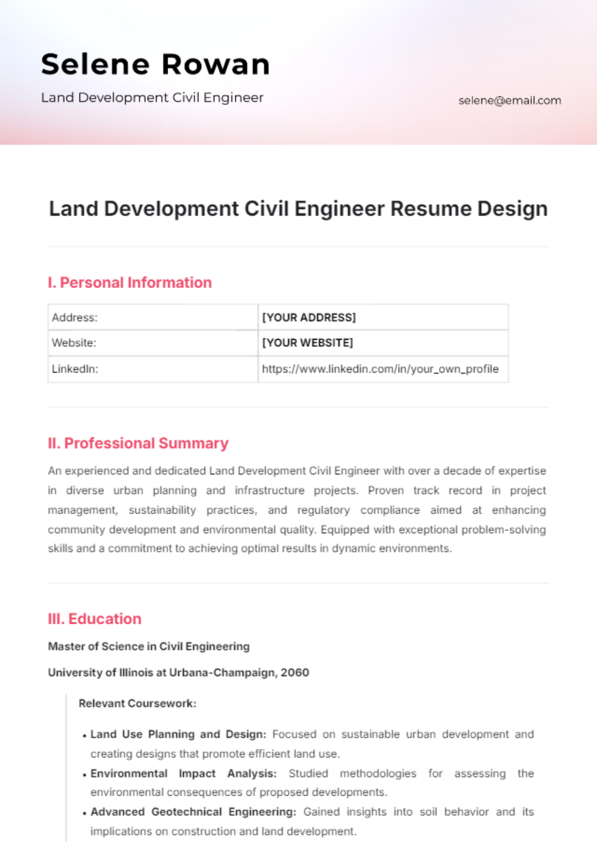 Land Development Civil Engineer Resume Design Template - Edit Online & Download