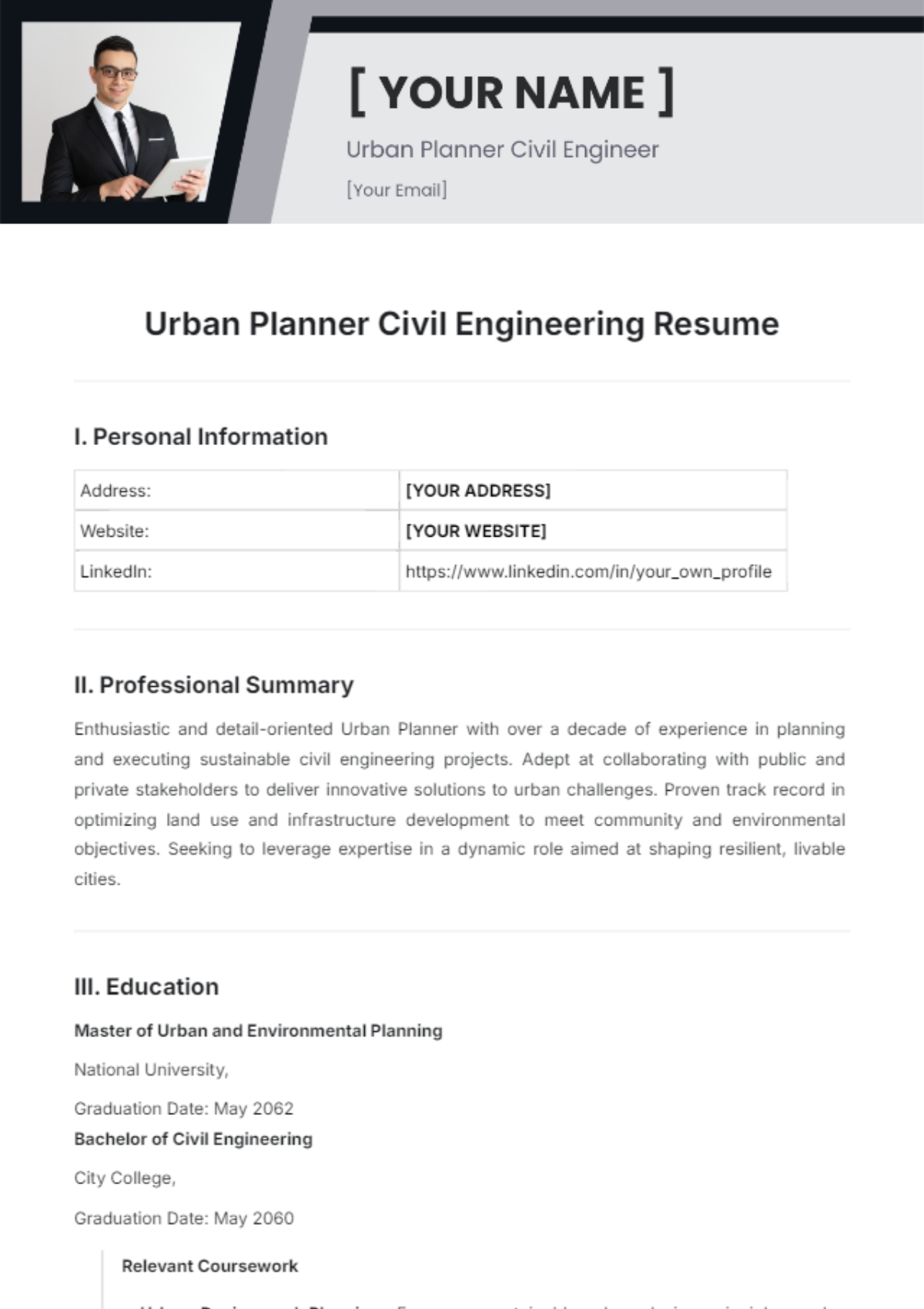 Urban Planner Civil Engineering Resume Template - Edit Online & Download