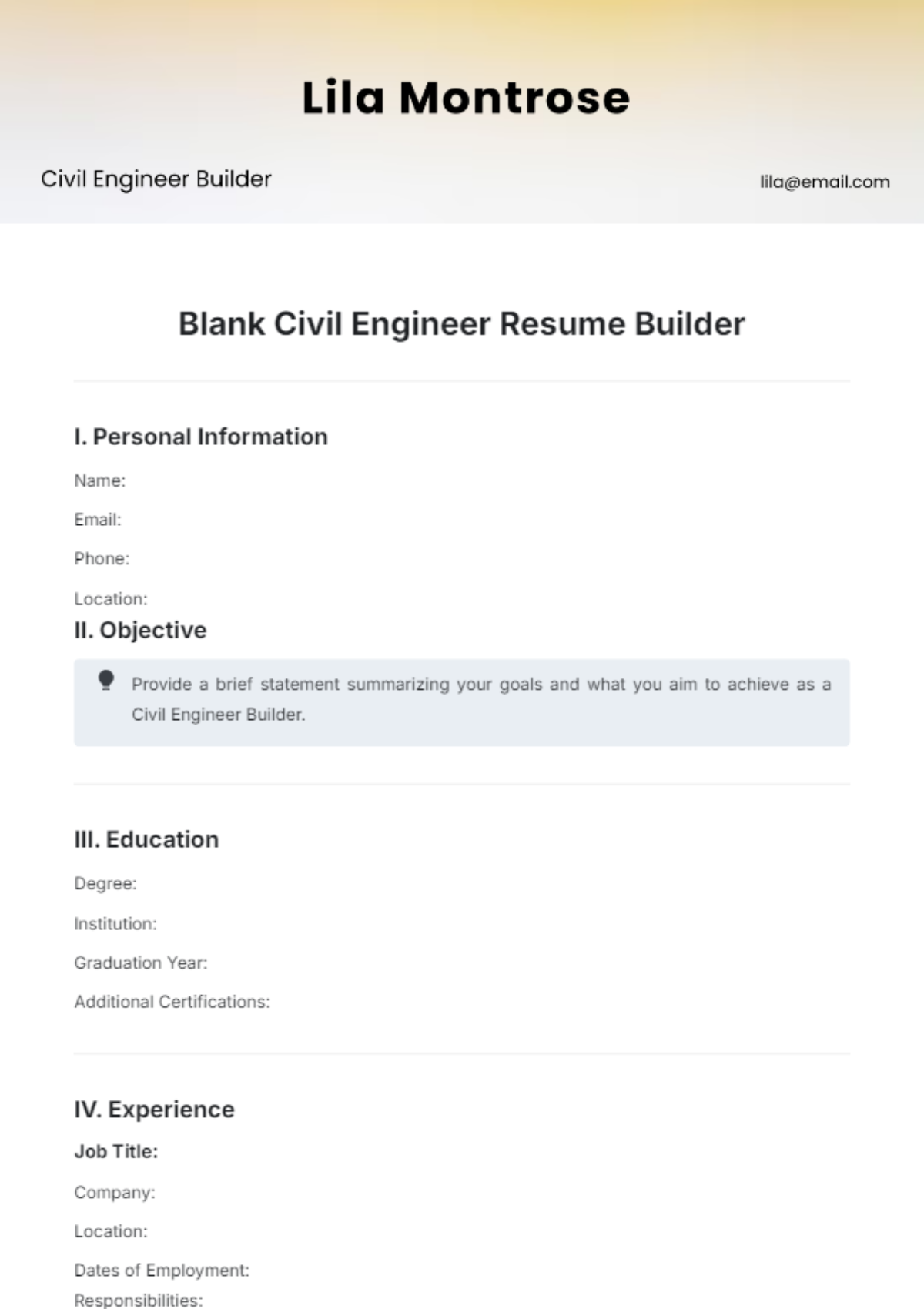 Blank Civil Engineer Resume Builder Template - Edit Online & Download