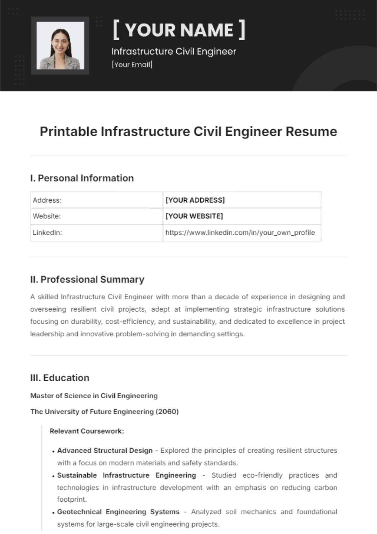 Printable Infrastructure Civil Engineer Resume Template - Edit Online & Download