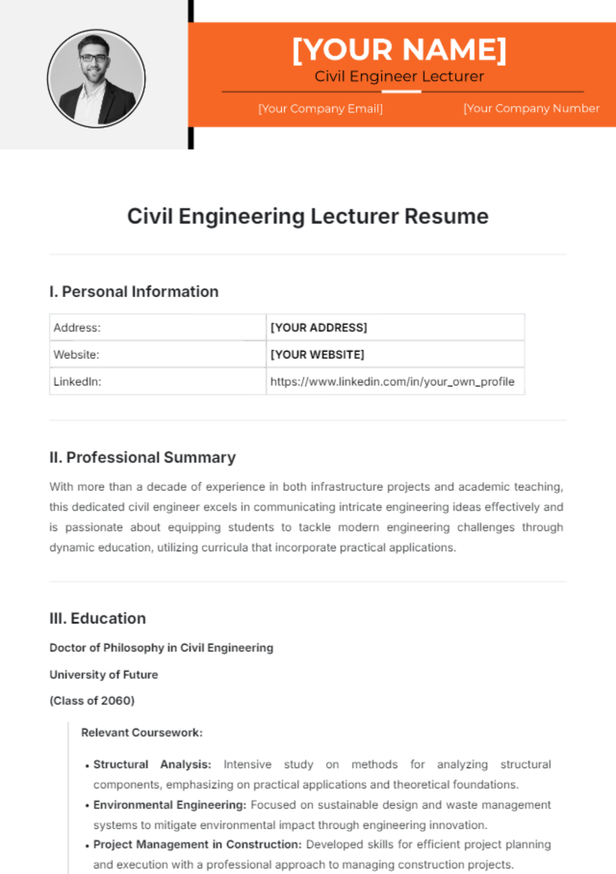 Civil Engineering Lecturer Resume Template - Edit Online & Download