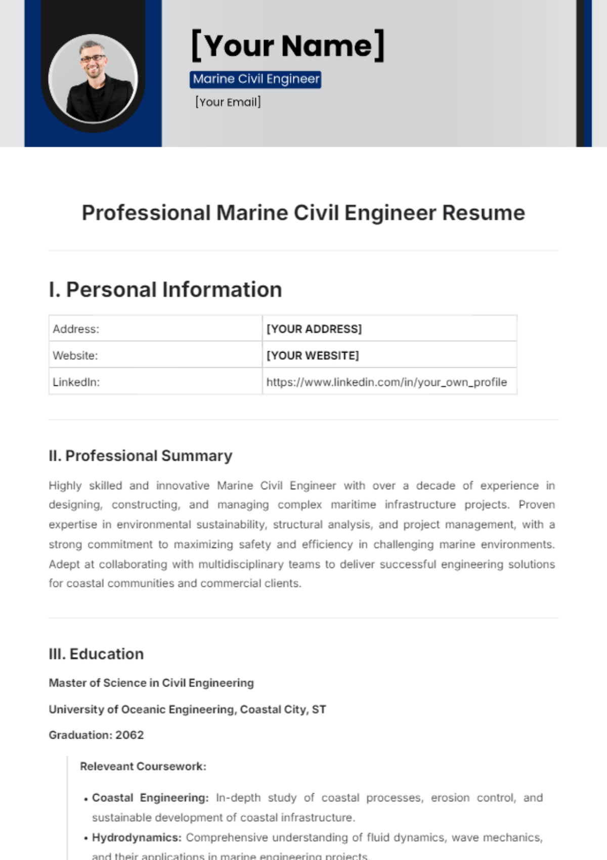 Professional Marine Civil Engineer Resume Template - Edit Online & Download