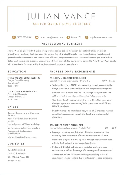 Free Professional Marine Civil Engineer ATS Resume Template