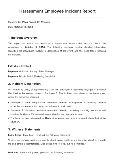 Free Harassment Employee Incident Report Template to Edit Online