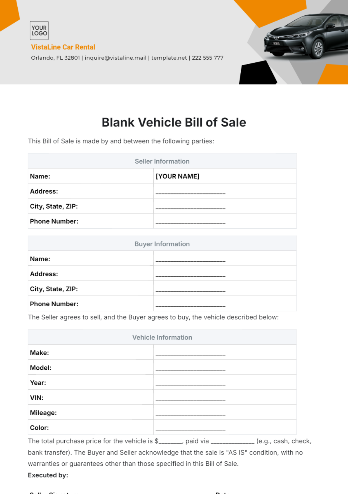 Blank Vehicle Bill of Sale Template - Edit Online & Download