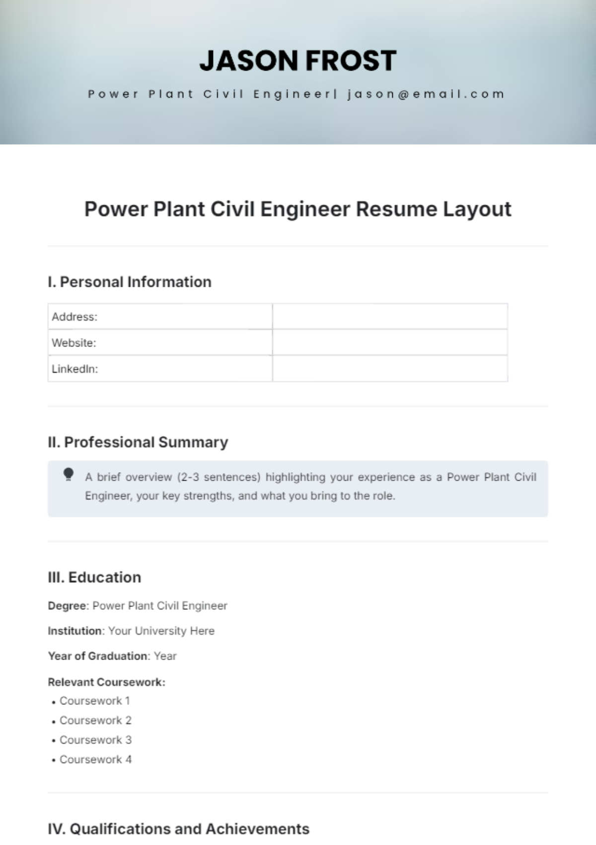 Power Plant Civil Engineer Resume Layout Template - Edit Online & Download