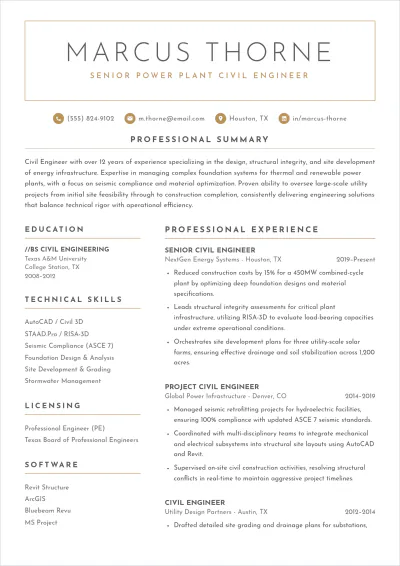 Free Power Plant Civil Engineer ATS Resume Template, AI Resume Builder