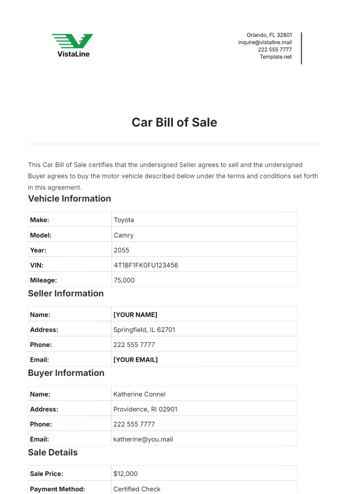 Free Car Bill of Sale Template to Edit Online