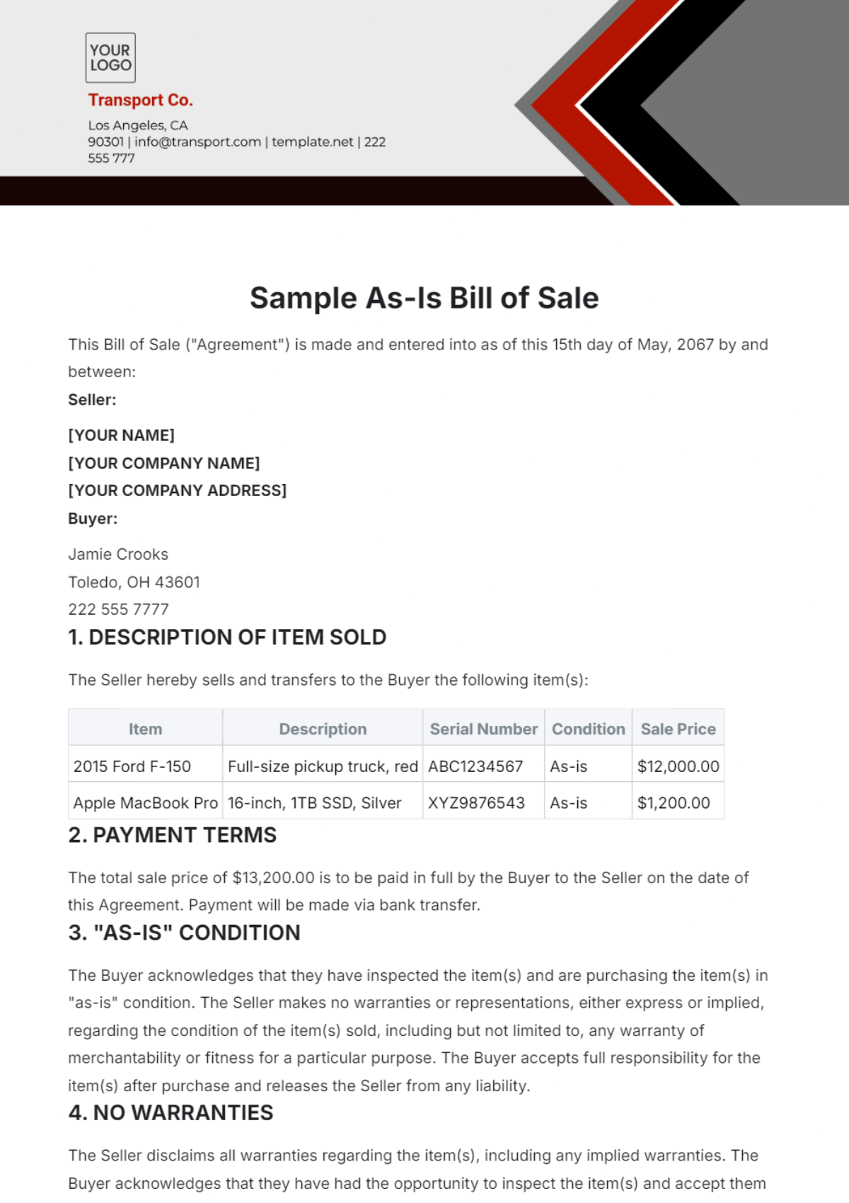 Sample As-Is Bill of Sale Template - Edit Online & Download