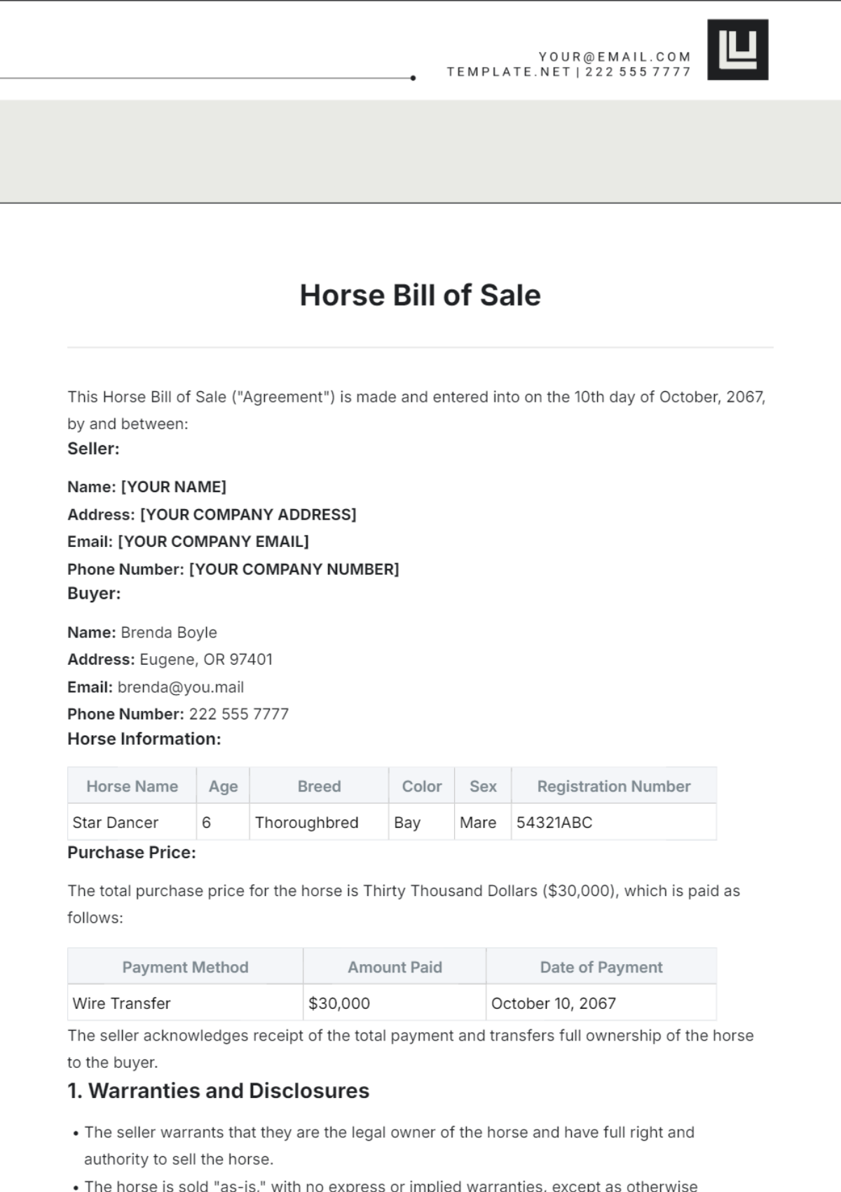 Horse Bill of Sale Template - Edit Online & Download