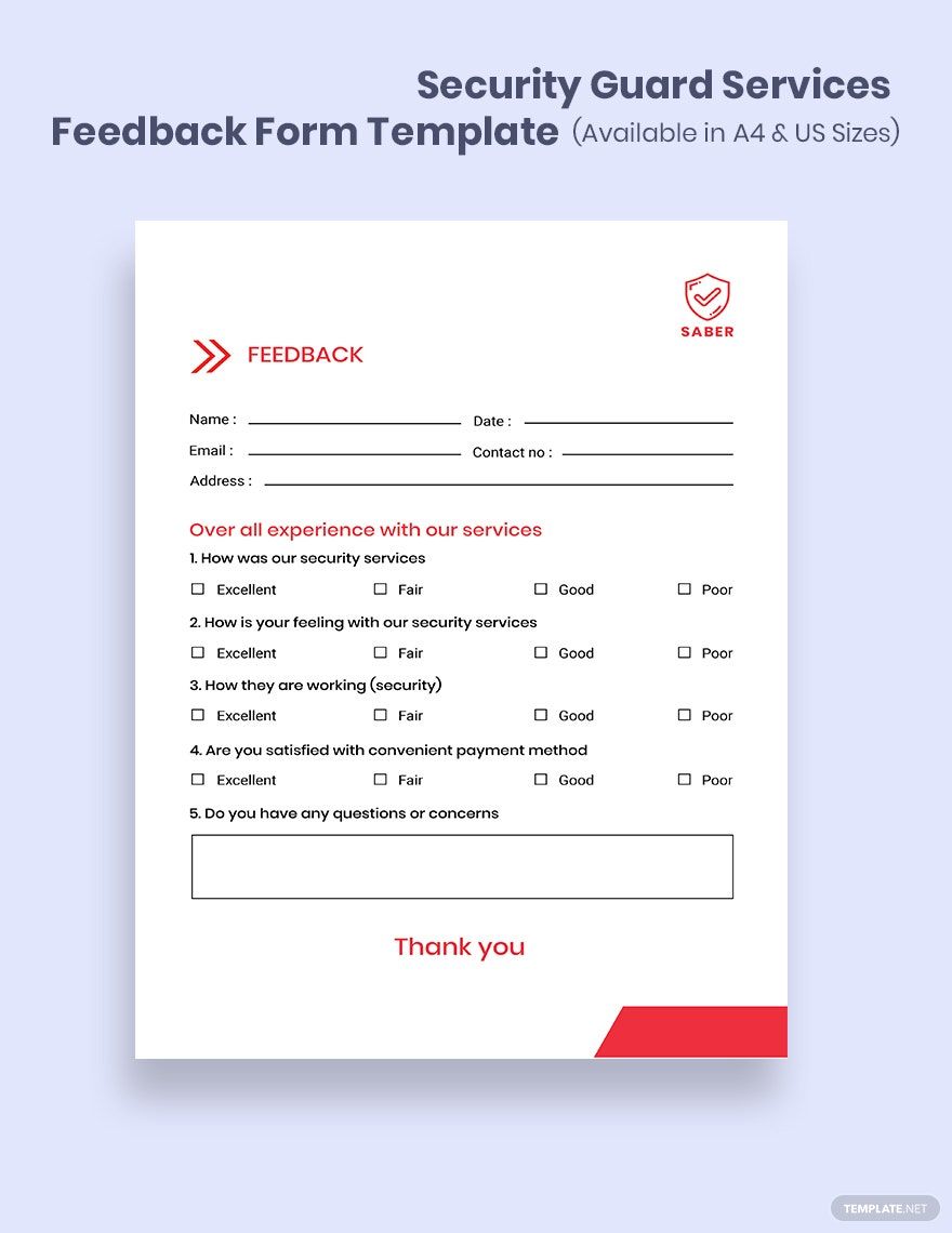 Security Guard Services Feedback Form Template in Publisher, InDesign, Word, PSD, Illustrator, Pages, Google Docs - Download | Template.net