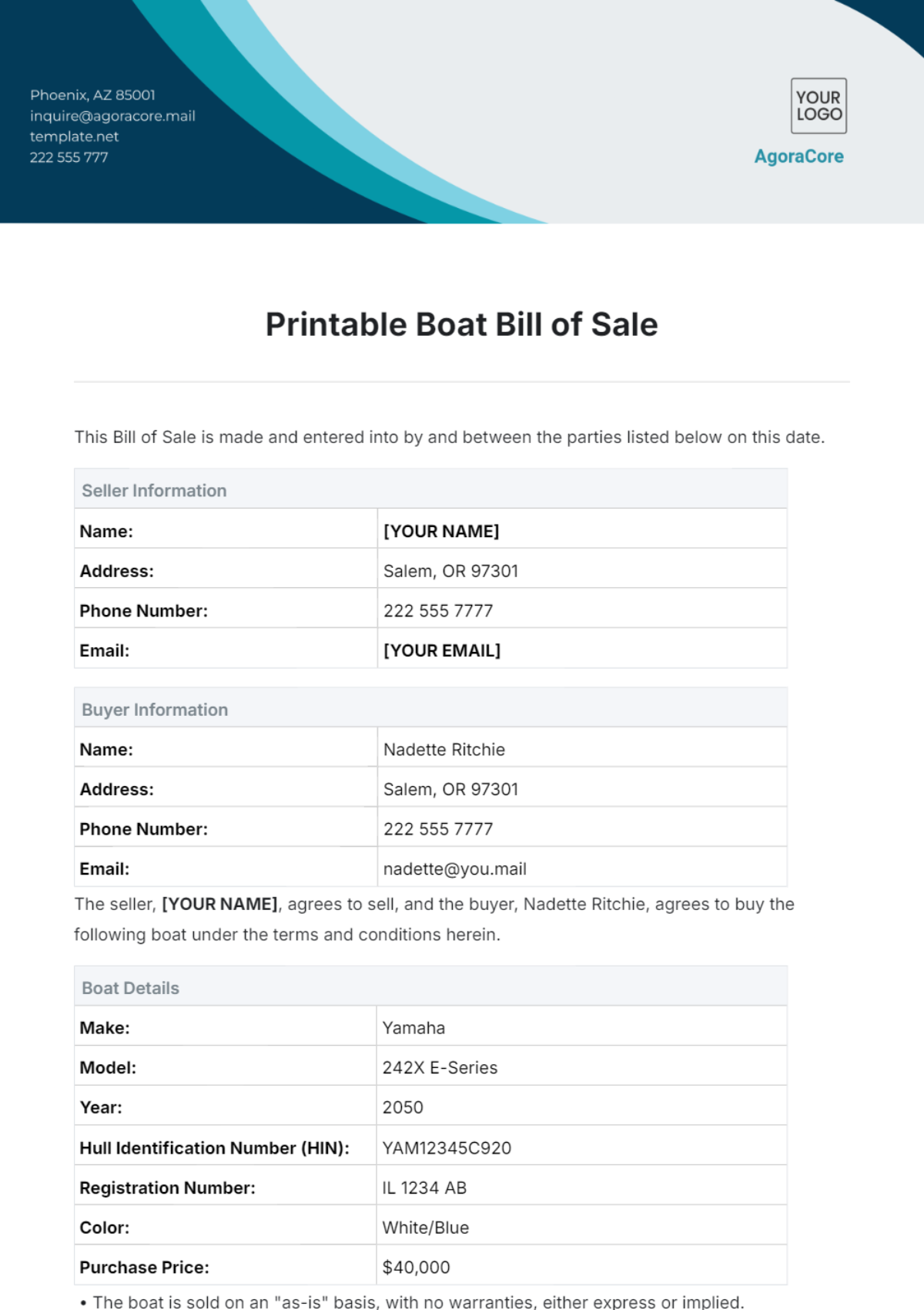 Printable Boat Bill of Sale Template - Edit Online & Download