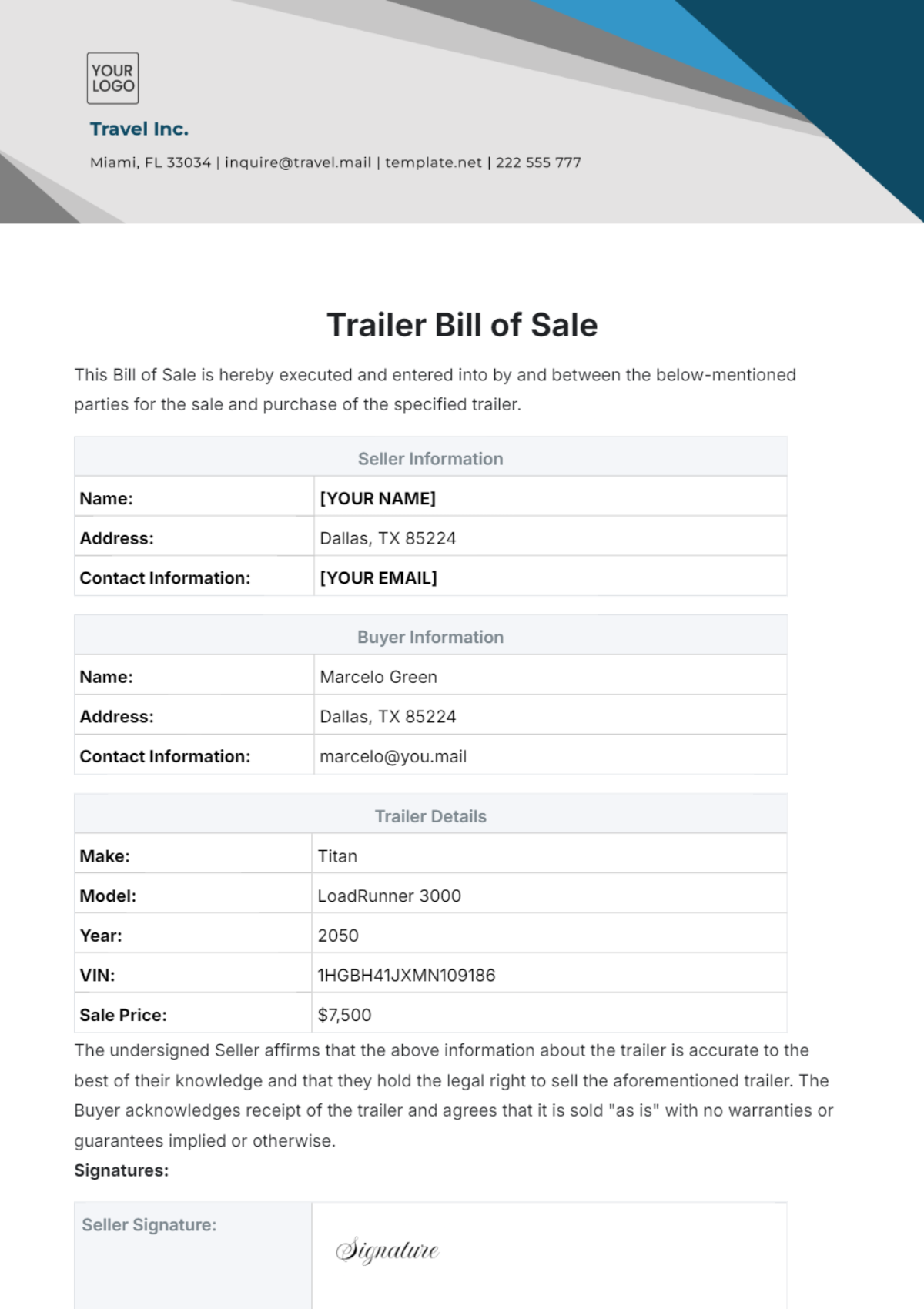 Trailer Bill of Sale Template - Edit Online & Download