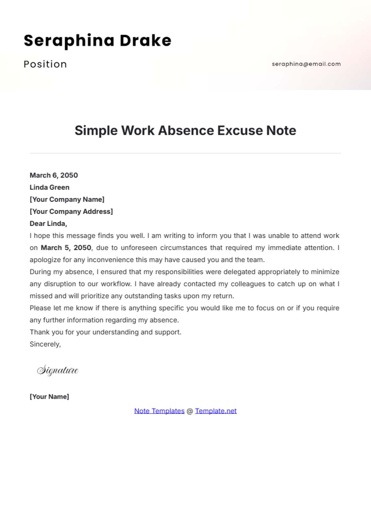 Free Simple Work Absence Excuse Note Template to Edit Online