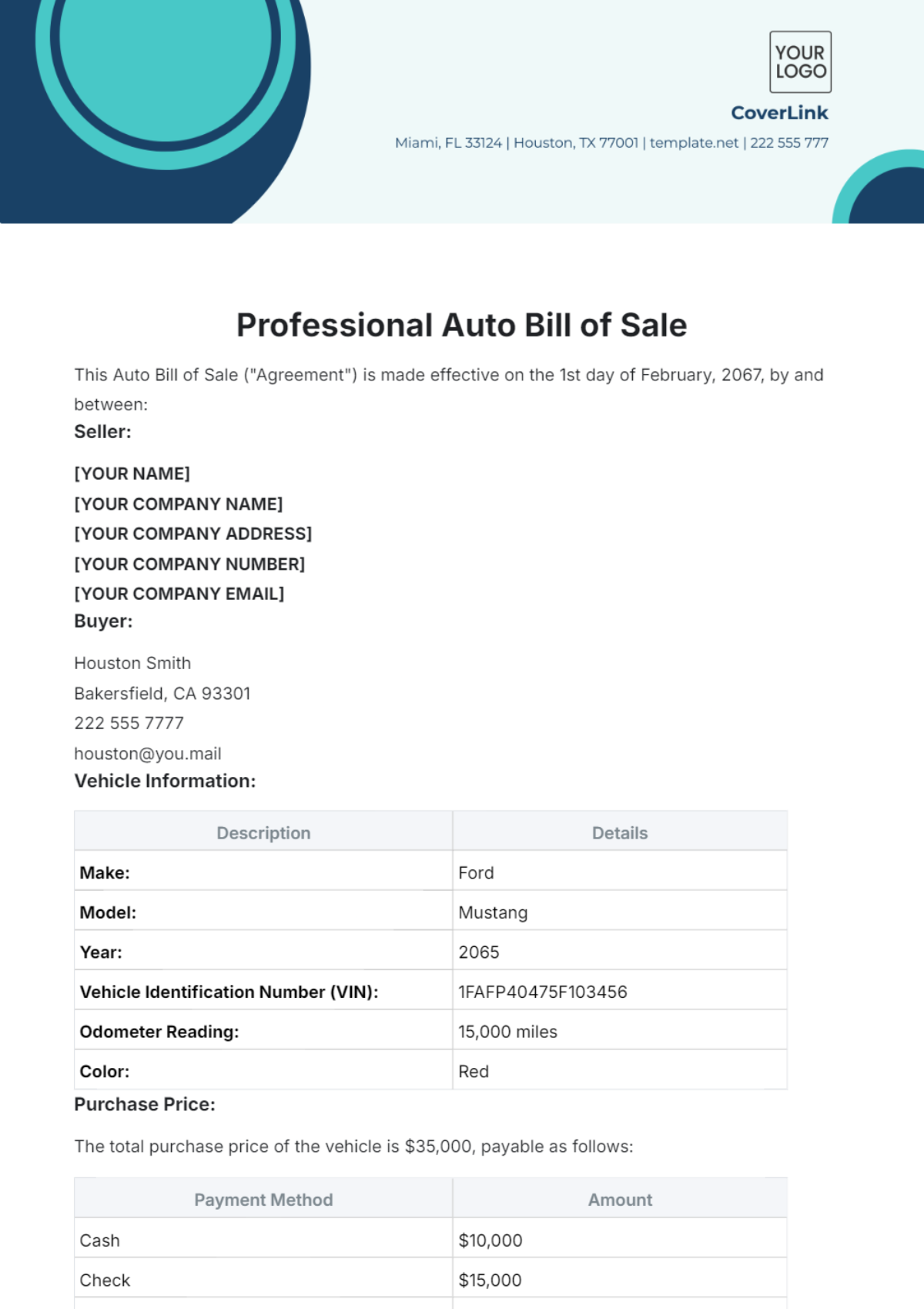 Professional Auto Bill of Sale Template - Edit Online & Download