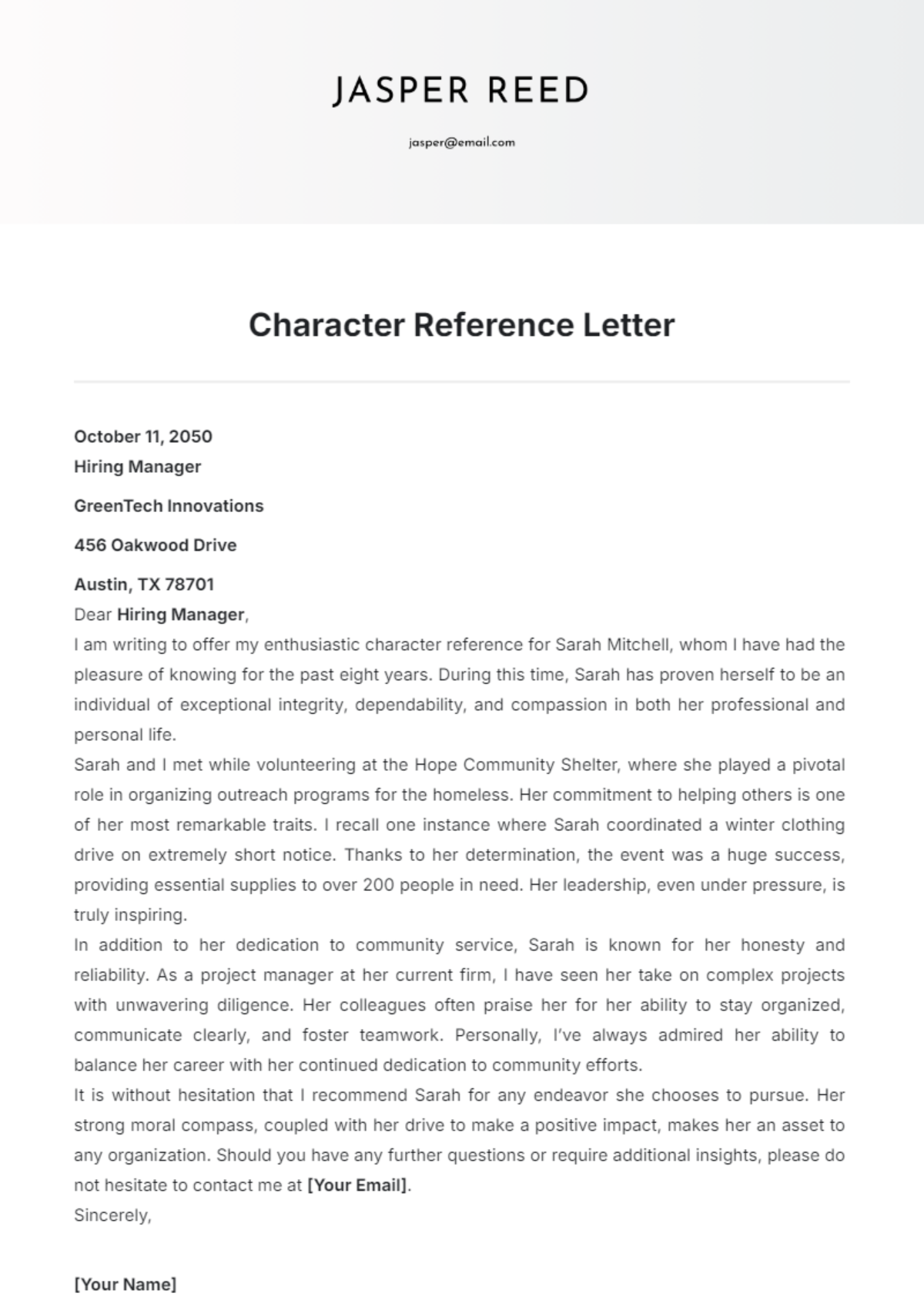 Character Reference Letter Template - Edit Online & Download