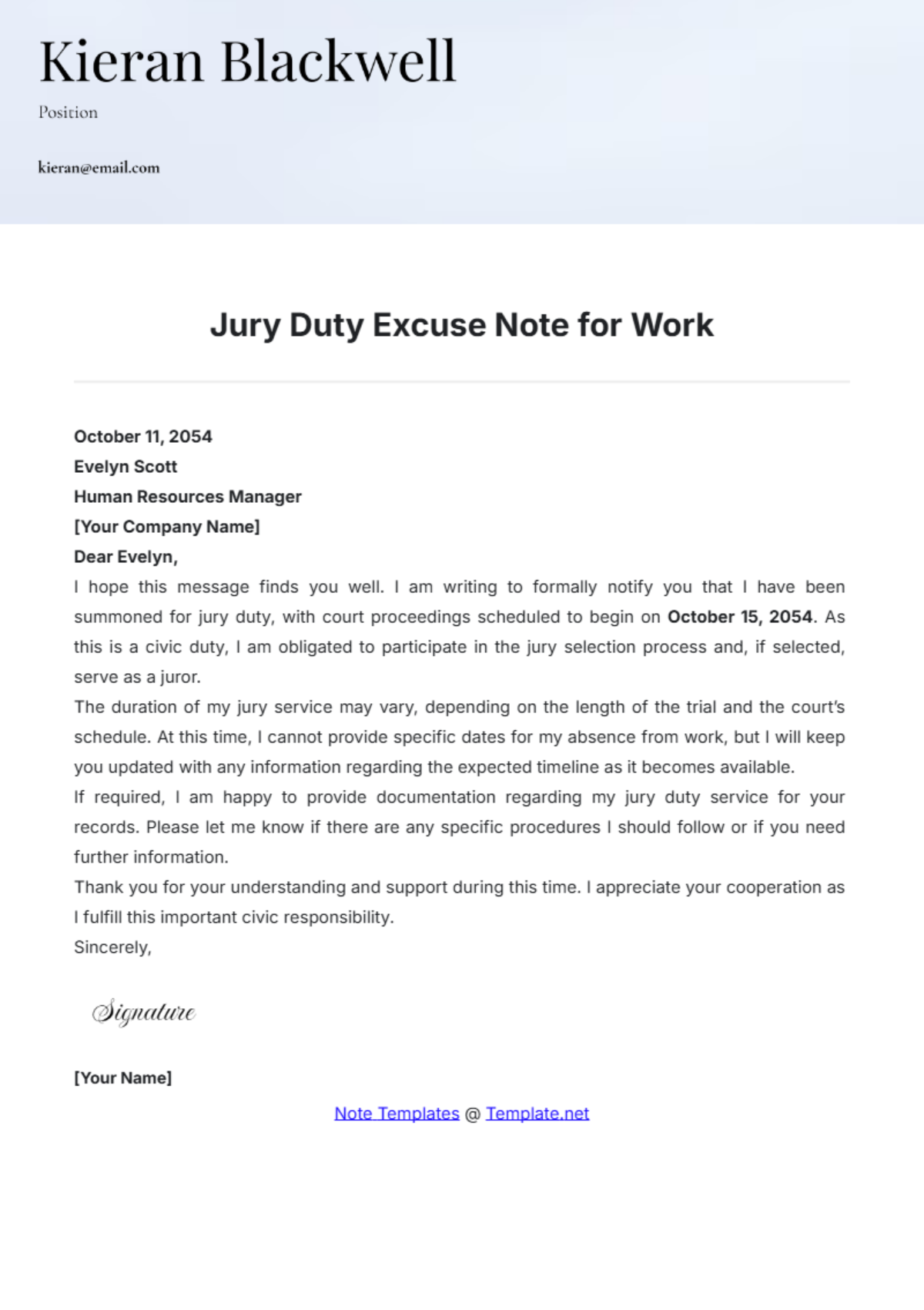 Jury Duty Excuse Note for Work Template - Edit Online & Download