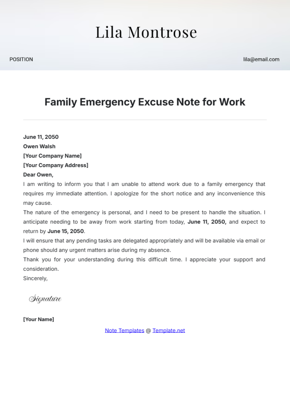 Family Emergency Excuse Note for Work Template - Edit Online & Download