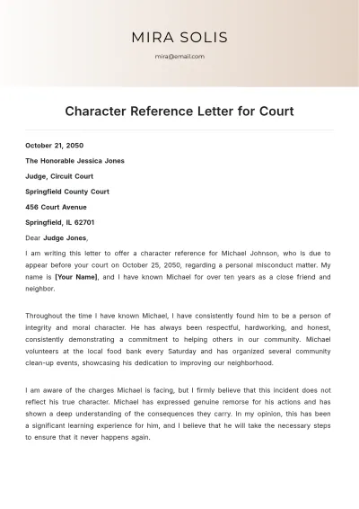 Free Character Reference Letter for Court Template to Edit Online