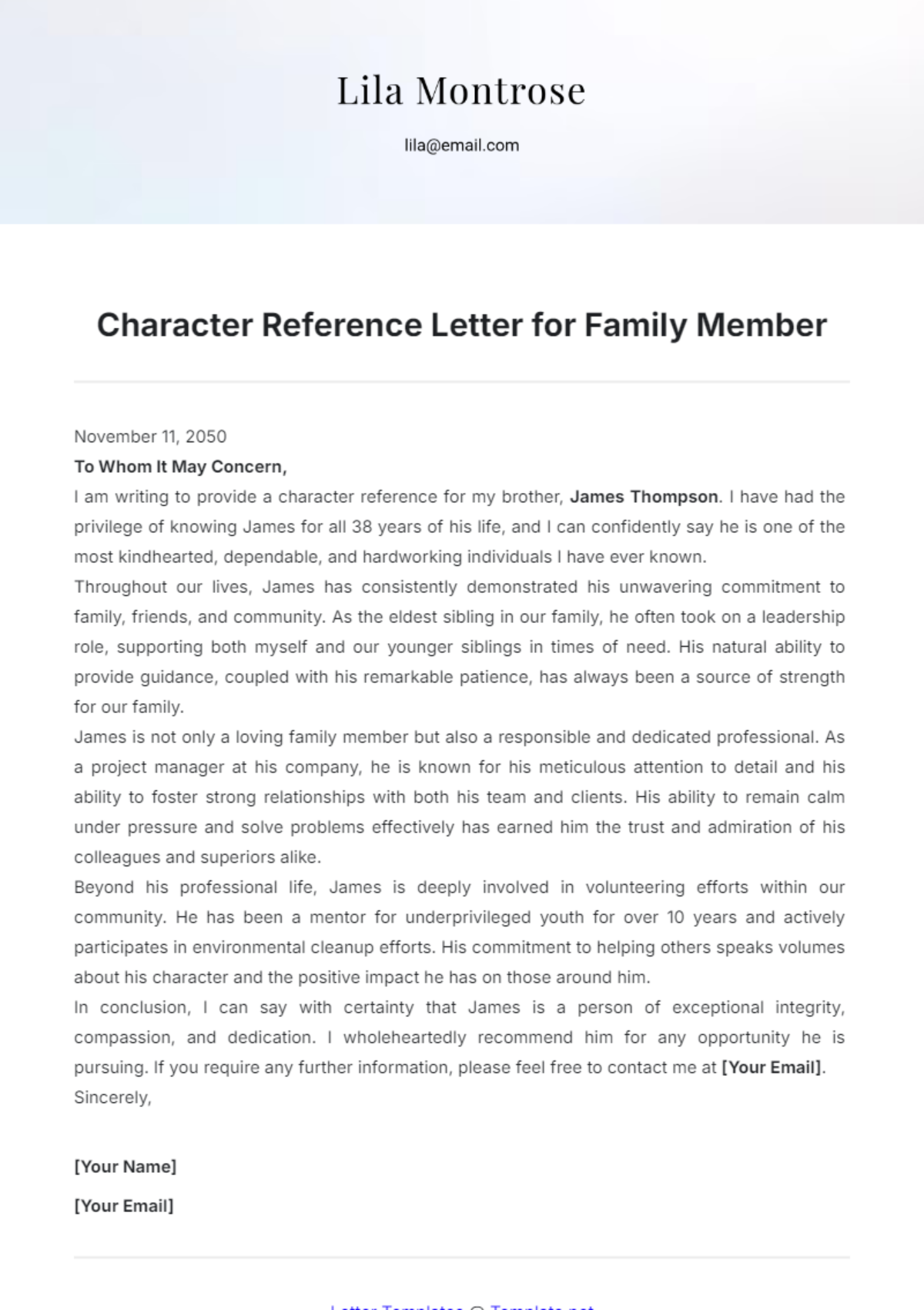 Character Reference Letter for Family Member Template - Edit Online & Download