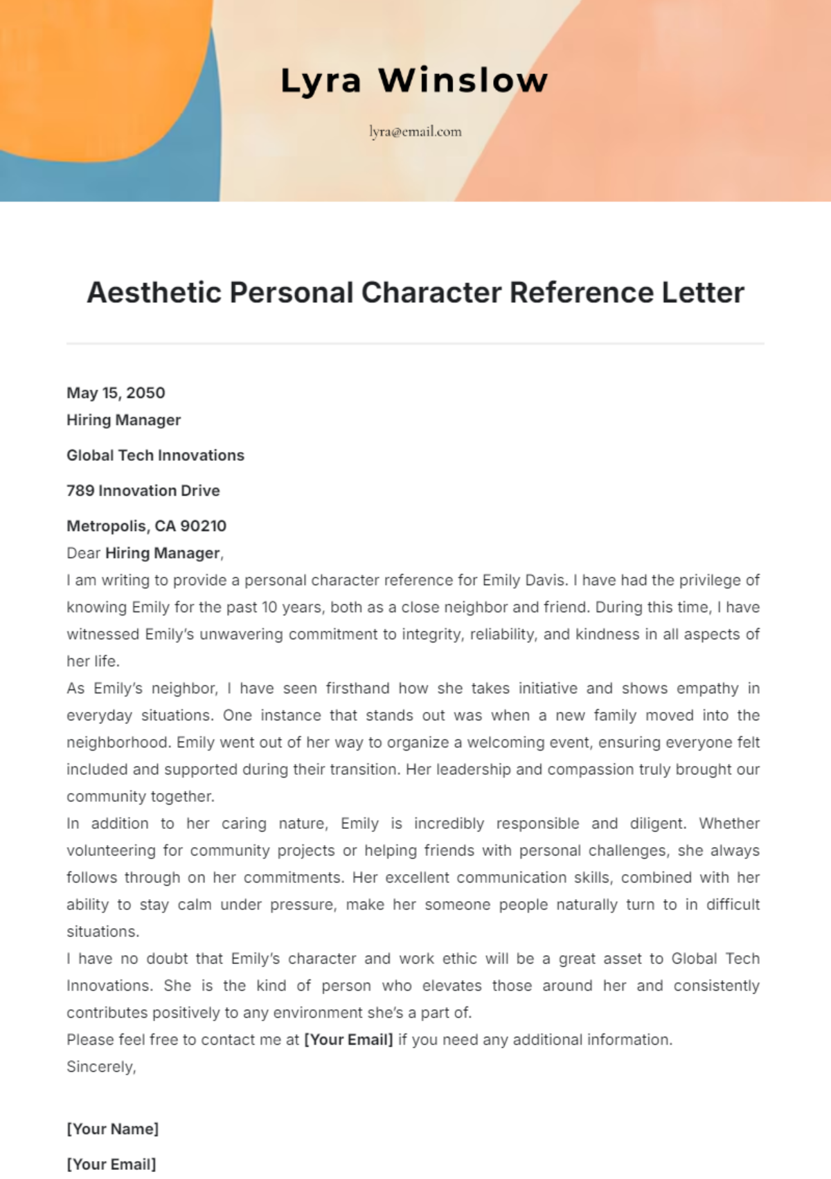 Aesthetic Personal Character Reference Letter Template - Edit Online & Download