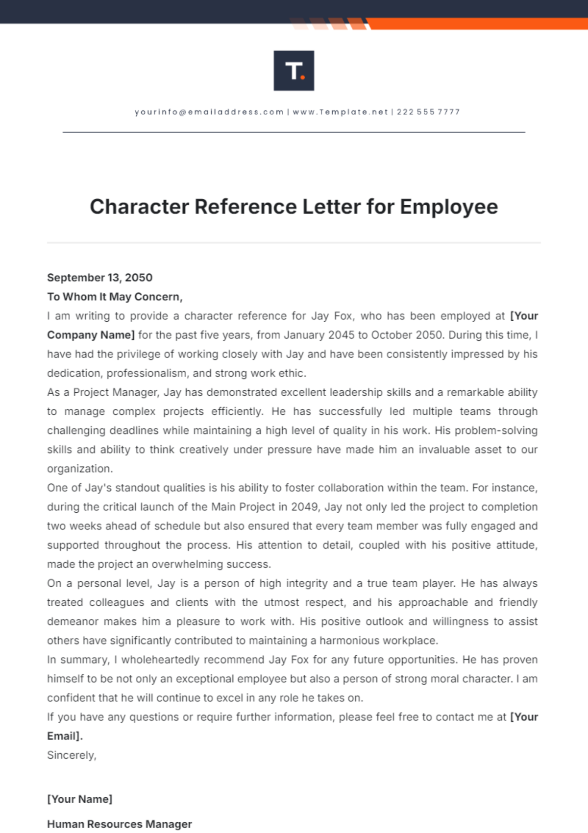 Character Reference Letter for Employee Template - Edit Online & Download