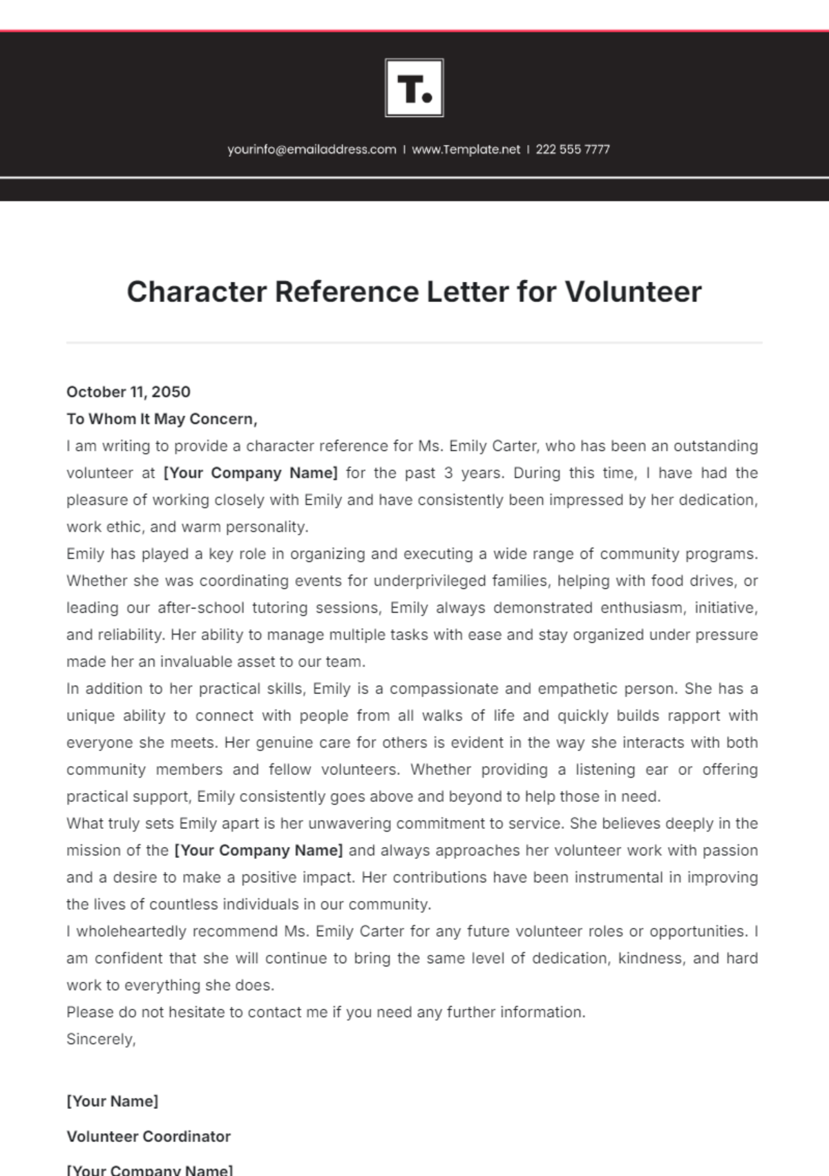 Character Reference Letter for Volunteer Template - Edit Online & Download