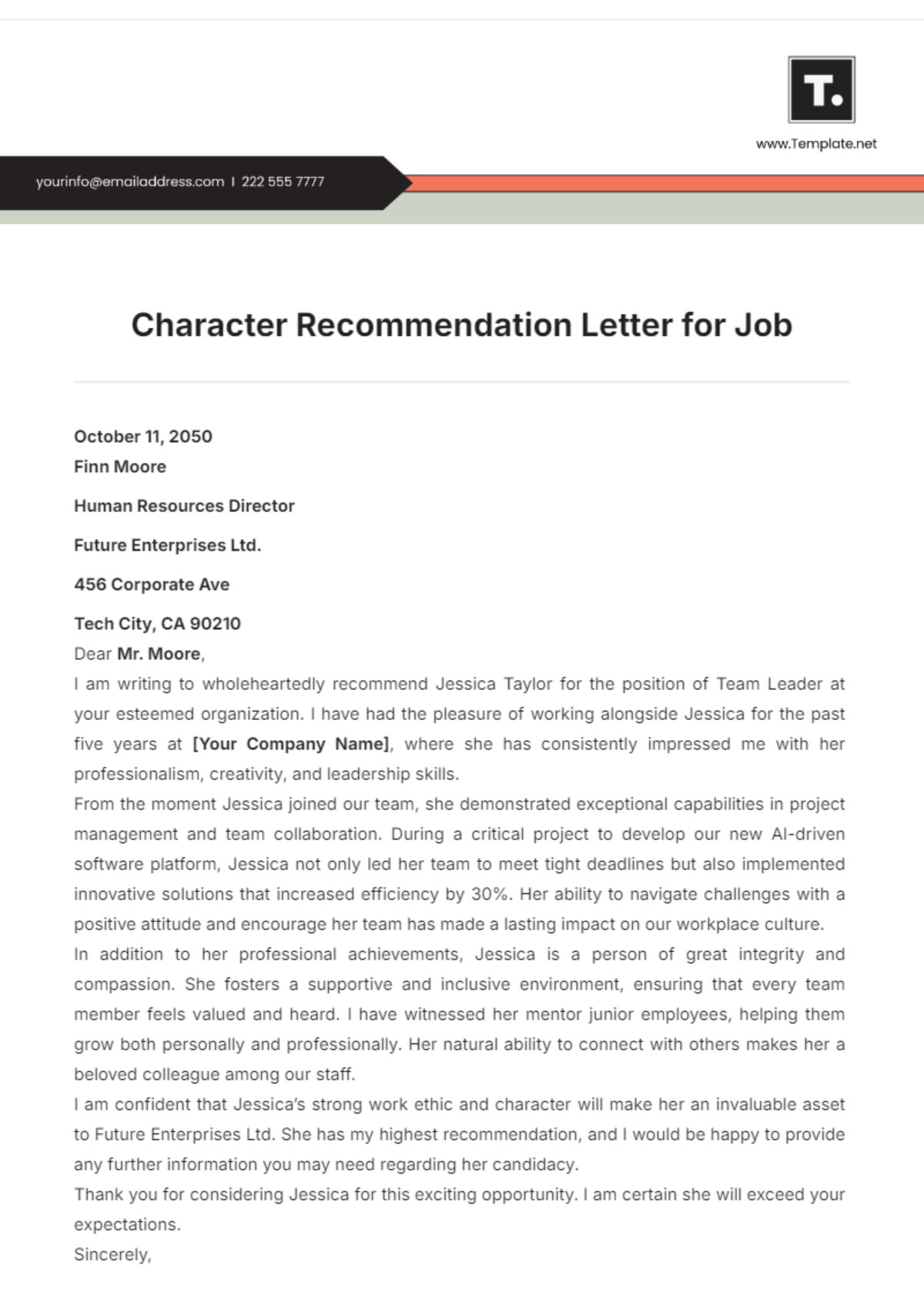 Character Recommendation Letter for Job Template - Edit Online & Download