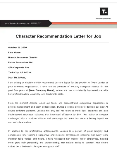 Free Character Recommendation Letter for Job Template to Edit Online