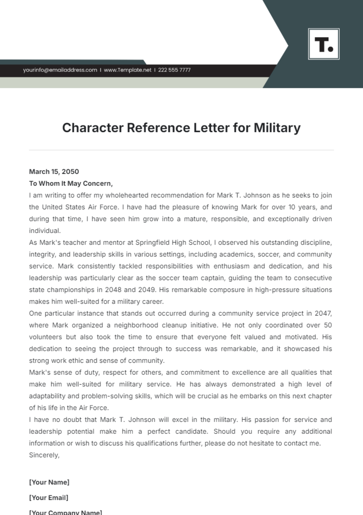 Character Reference Letter for Military Template - Edit Online & Download