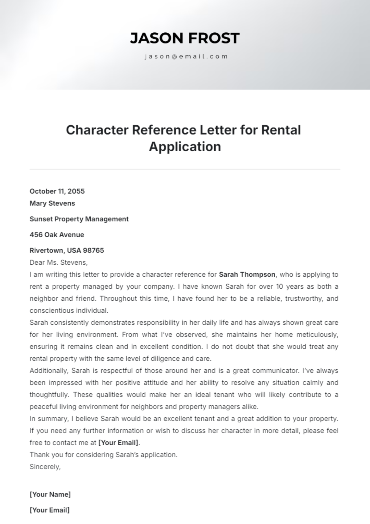 Character Reference Letter for Rental Application Template - Edit Online & Download