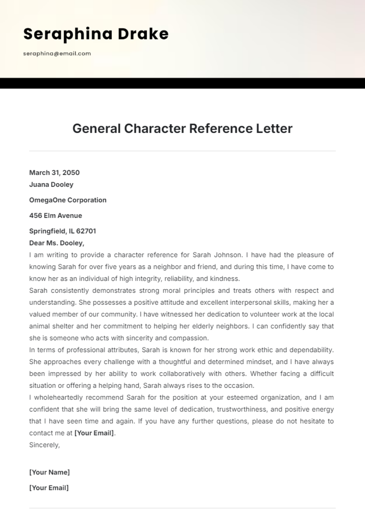 General Character Reference Letter Template - Edit Online & Download